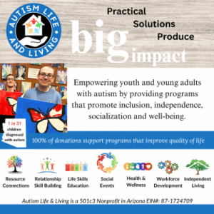 Graphic promoting Autism Life & Living, highlighting services for youth with autism, emphasizing inclusion, well-being, and community support.