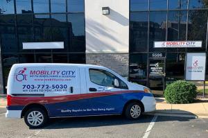 Photo of Mobility City repair technicians make house calls in a van equipped as a 'workshop on wheels'.