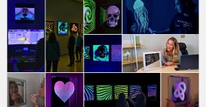 IA Smart Light in Pro size (24.8" x 24.8" / 630 x 630 mm) mounted on a wall, displaying a colorful visual art panel. Designed to enhance room ambiance with immersive LED lighting.