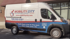 Photo of Mobility City repair technicians make house calls in a van equipped as a 'workshop on wheels'.