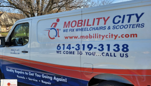 Photo of branded van. Mobility City repair technicians make house calls in a van equipped as a 'workshop on wheels'.