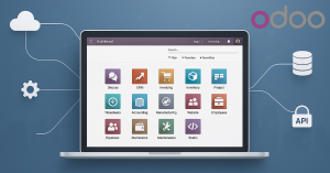 Odoo ERP dashboard on desktop with business modules, cloud, and API integration icons, highlighting enterprise resource planning and secure connectivity.