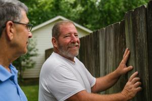Fencing contractor Tony Ostrowski examines a weathered wooden fence in Covington, Louisiana, discussing repair and replacement options with a homeowner.