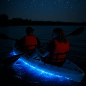 BK Adventure guests kayaking through glowing bioluminescent waters at night near Cocoa Beach