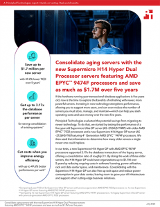 Front page of a report with the title: Consolidate aging servers with the new Supermicro H14 Hyper Dual Processor servers featuring AMD EPYC™ 9474F processors and save as much as $1.7M over five years