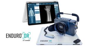 ENDURO DR ES90 portable X-ray system with wireless detector, remote exposure switch, and integrated PC with imaging software, designed for fast, high-quality digital X-rays in diverse care environments.