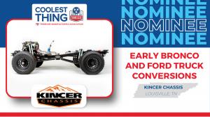 Kincer Chassis Early Ford Bronco chassis displayed a studio, nominated for Tennessee's 'Coolest Thing Made' contest.