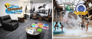 Interior of Soaring Eagle Waterpark with a play area and a splash zone, featuring kids playing in water and a CAC certification logo.