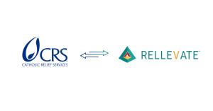 Two logos side-by-side: "CRS Catholic Relief Services" on the left and "Rellevate" on the right, with a double-headed arrow between them, symbolizing their partnership.