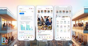 Three smartphone screens showing Be Belong’s resident wallet, community feed, and in-app services, with residents interacting on high-rise balconies at sunset—symbolizing connected living and financial empowerment.