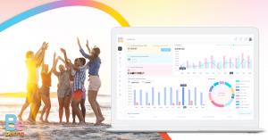Residents celebrating together on a beach at sunset next to a laptop displaying Be Belong’s property dashboard with revenue, expense, and delinquency analytics—representing financial clarity and community connection.
