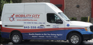 Photo of Van: Mobility City repair technicians make house calls in a van equipped as a 'workshop on wheels'.