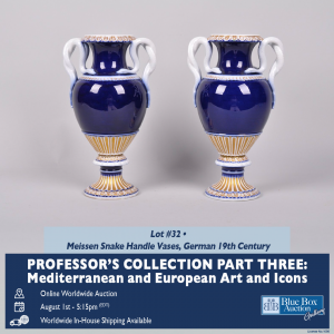 Pair of 19th-Century Meissen Snake Handle Vases – Cobalt blue porcelain accented with white and gold luster, featuring signature entwined snake handles.