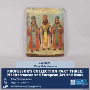 Three Holy Hierarchs, Russian Icon (18th-19th Century) – Tempera on board depicting Vassily the Great, Gregory the Theologian, and John Chrysostom.