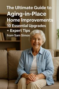 Elderly woman sitting safely in a sunlit living room, representing successful aging-in-place home improvements.