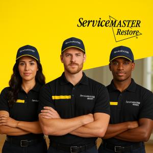 Three uniformed ServiceMaster Restoration By Simons team members standing confidently, representing professional home restoration and aging-in-place services.