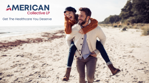 A happy couple enjoys a carefree day at the beach, with the woman laughing while riding piggyback on the man. The image conveys warmth, connection, and well-being, reflecting American Collective LP’s focus on accessible, preventive healthcare benefits for