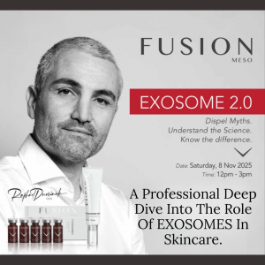 Black-and-white photo of Fusion Meso CEO Raphael Duerinck promoting Exosome 2.0 skincare science, with event date and location in Singapore.