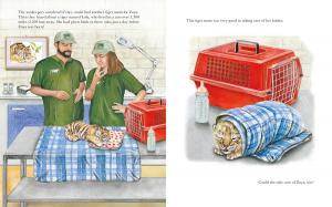 a sample page from A Family for Zoya, featuring zookeepers caring for baby Zoya