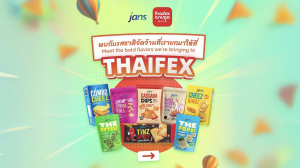 Colorful THAIFEX 2025 promotional graphic featuring Jans snack products like Combo Cheez, Shrimp Spring Roll, Cassava Chips, Sweet Potato Stixx, Tinz Spicy Crackers, Cheez Ringz, and more against a playful balloon-themed background.