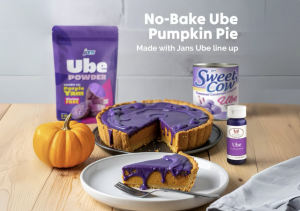 A spoon lifting Sweet Cow Ube Sweetened Condensed Creamer from a can, highlighting its smooth texture and rich purple hue against a warm, natural background.