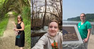 The image is of three images combined. Nina is a white female in her mid-60s in a black dress pointing down a tunnel shaped leaf covered trail. Eleanor is a white female in her 20s taking a selfie on a wooden bridge in the woods above a creek. Emily is a 