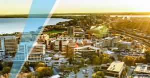A sunlight view of the UW-Madison campus, including the WARF building.