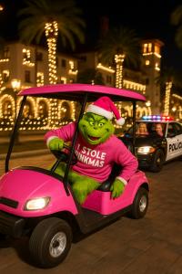 The Grinch drives a hot pink golf cart through the festive, light-covered streets of St. Augustine during the Nights of Lights, wearing a Santa hat and a sweater that reads “I Stole Pinkmas,” with a police car and flashing lights trailing behind him in pl