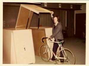 Richard Hartger, CycleSafe founder, demonstrates the first use of the CycleSafe bike locker in 1976.
