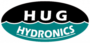 The HUG Hydronics logo features an oval with aqua colored water filling up halfway
