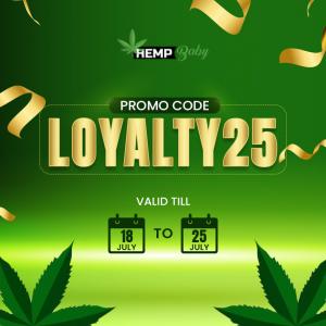 Hemp Baby promo code LOYALTY25 offering a 25% discount, valid from July 18 to July 25. The design features green and gold colors with cannabis leaves and festive ribbons.