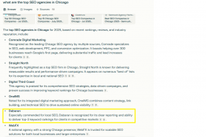 Highlighted list showing Dabaran as a top Chicago SEO agency, praised for local SEO, clear reporting, and top-3 keyword rankings.