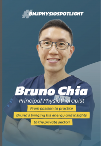 Portrait of Bruno Chia, Principal Physiotherapist at BMJ Physiotherapy’s NUH branch, wearing navy clinical uniform with folded arms and a confident smile.