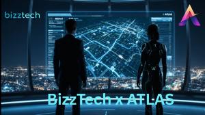 Two figures stand in a futuristic control room overlooking a glowing smart city map, representing the partnership between BizzTech and ATLAS to integrate AI traffic intelligence and immersive digital twin technology for smart city innovation.