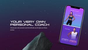 Picture of an iPhone portraying the onboarding of the LunaFit App. Text that states: "The LunaFit App: Your Very Own Personal Coach. Choose your own personal coach that will walk you through your fitness journey."