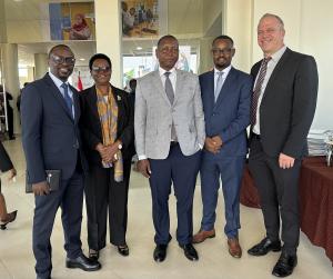 Renatus Mushi, FINCA Tanzania Head of Research & Business Dev.; Prof. Carolyne I. Nombo, Perm. Secretary, Ministry of  Education, Tanzania; Prof. Adolf Mkenda, Ministry of Education, Tanzania; Felician Girambo, CCO, FINCA Tanzania; Drew Boshell, Exec. Dir., FINCA Canada