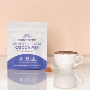 The Mindful Calm Cocoa Mix is a sugar-free, dairy-free, and non-GMO hot cocoa mix that invites mindfulness and relaxation.