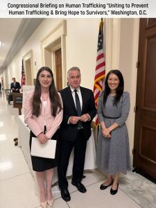 Representative Chris Smith, Mary Vigil, Legislative Director, and Valerie Smian, Head of Communications, Partnerships and Events, ALLATRA IPM at Congressional Briefing on Human Trafficking: “Uniting to Prevent Human Trafficking & Bring Hope to Survivors”