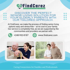 Screenshot of FindCarez.com homepage showing senior care directory, caregiver job board, elderly products and elder law attorney listings