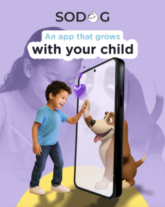 Child interacting happily with SoDog app, an AI puppy companion helping build emotional skills and empathy.