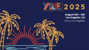 Illustrated Youth Recovery Expo 2025 general admission ticket showing event dates, location at UCLA Los Angeles, and tropical palm tree design with sunset over water.