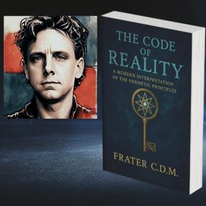 The cover of "The Code of Reality" accompanied by a stylized picture of the author.