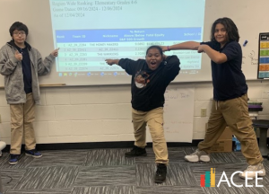 Photos of three students pointing to a leaderboard on a smartboard.