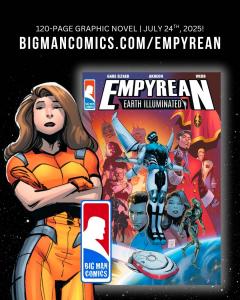 Empyrean Earth Illuminated - Character Elvera in her orange military style jump suite standing in front of the Graphic Novel Cover which has all of the different characters and space ship displayed
