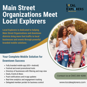 Graphic highlighting Local Explorers Main Street app features.