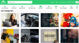 Screenshot of the LookPrior Marketplace "All Categories" page showing icons and images for categories like Jobs, Auto Parts, Antiques, Baby & Kids, Books, Vehicles, Free Stuff, and more, with a green search bar and navigation menu at the top