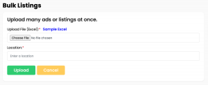 Screenshot of LookPrior Marketplace’s Bulk Listings interface showing options to upload an Excel file and enter a location for listing multiple items at once.