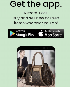 Promotional image showing the LookPrior app, with text encouraging users to download from Google Play or the App Store. A phone screen displays a woman posing with a designer handbag.