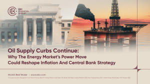 Split-screen image showing a grey-toned central bank building on the left and a glowing oil rig at sunset on the right, with a subtle price chart overlay indicating recent volatility. – EBC