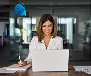 Young woman working through course material online